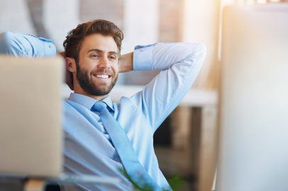 Confident man looking comfortable and dry in a modern office setting